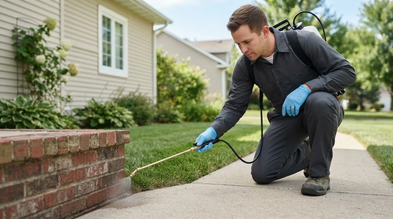 Pest control technician treating a home near Clifford, MI