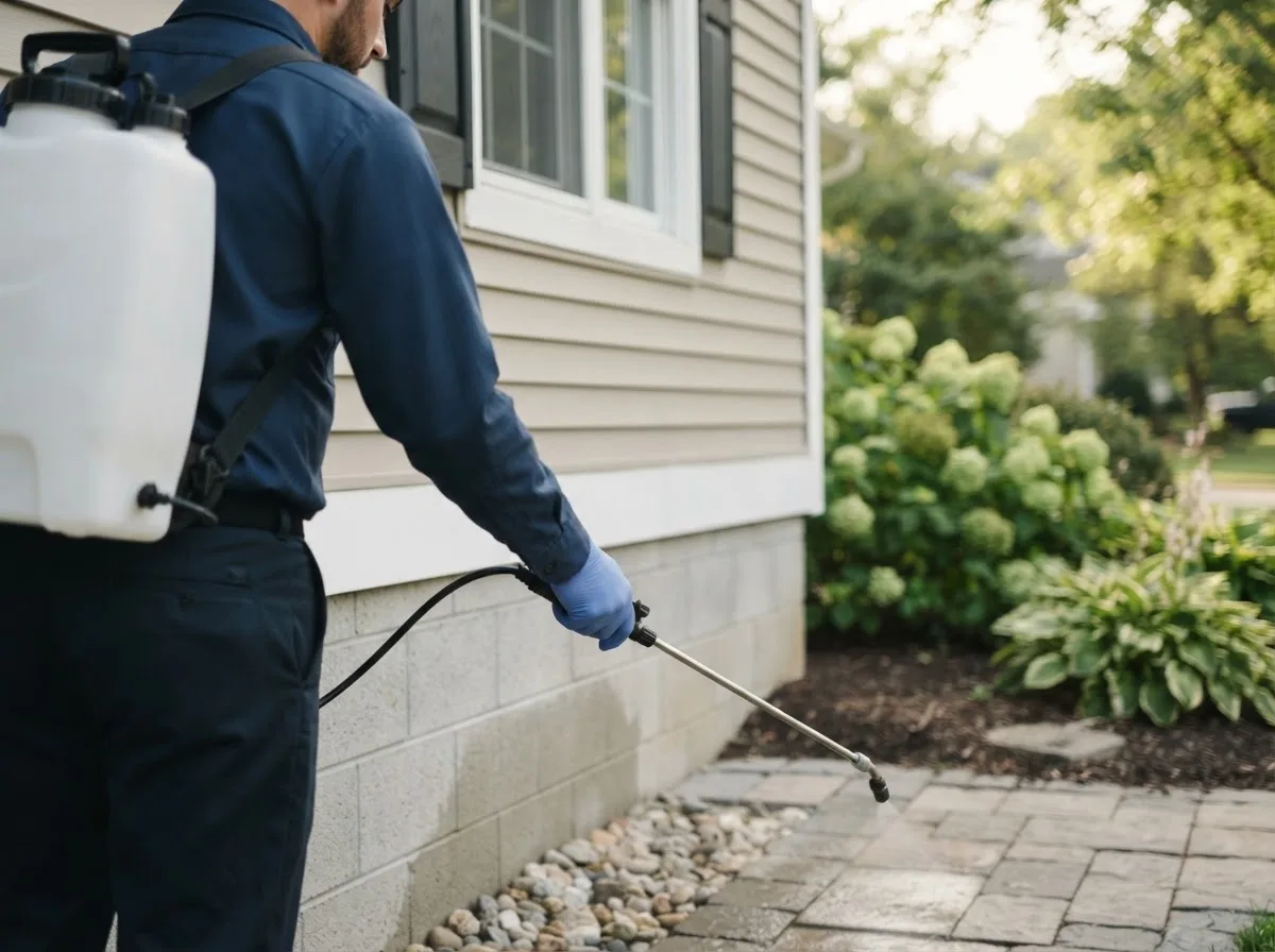 Pest control technician inspecting a home in Clifford, MI